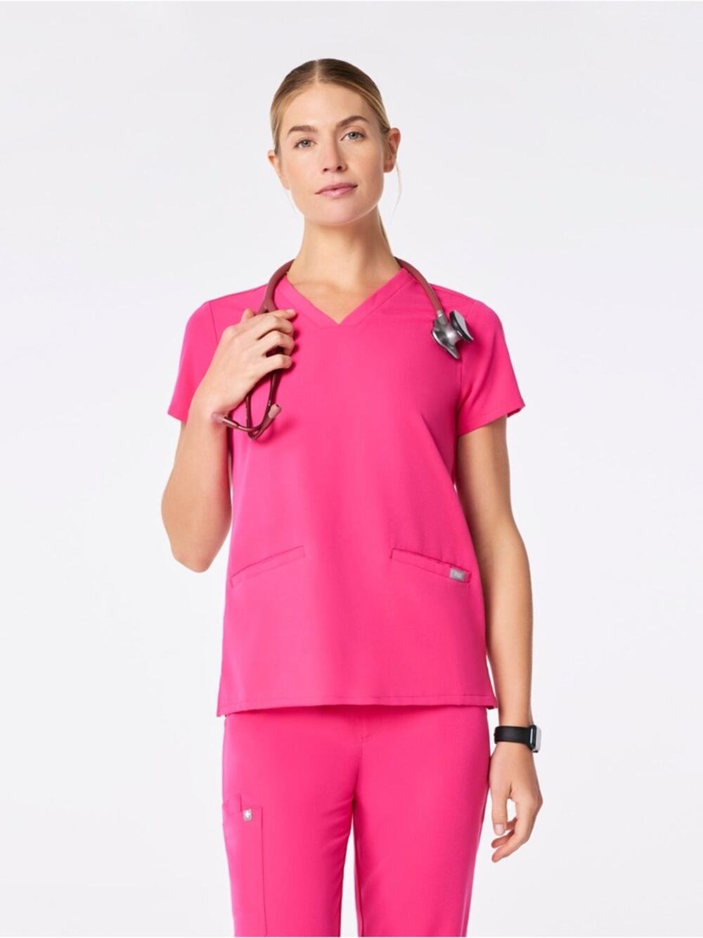 Figs Casma Three Pocket Scrub Top V-neck Short Sleeve Fuchsia Pink Size Large